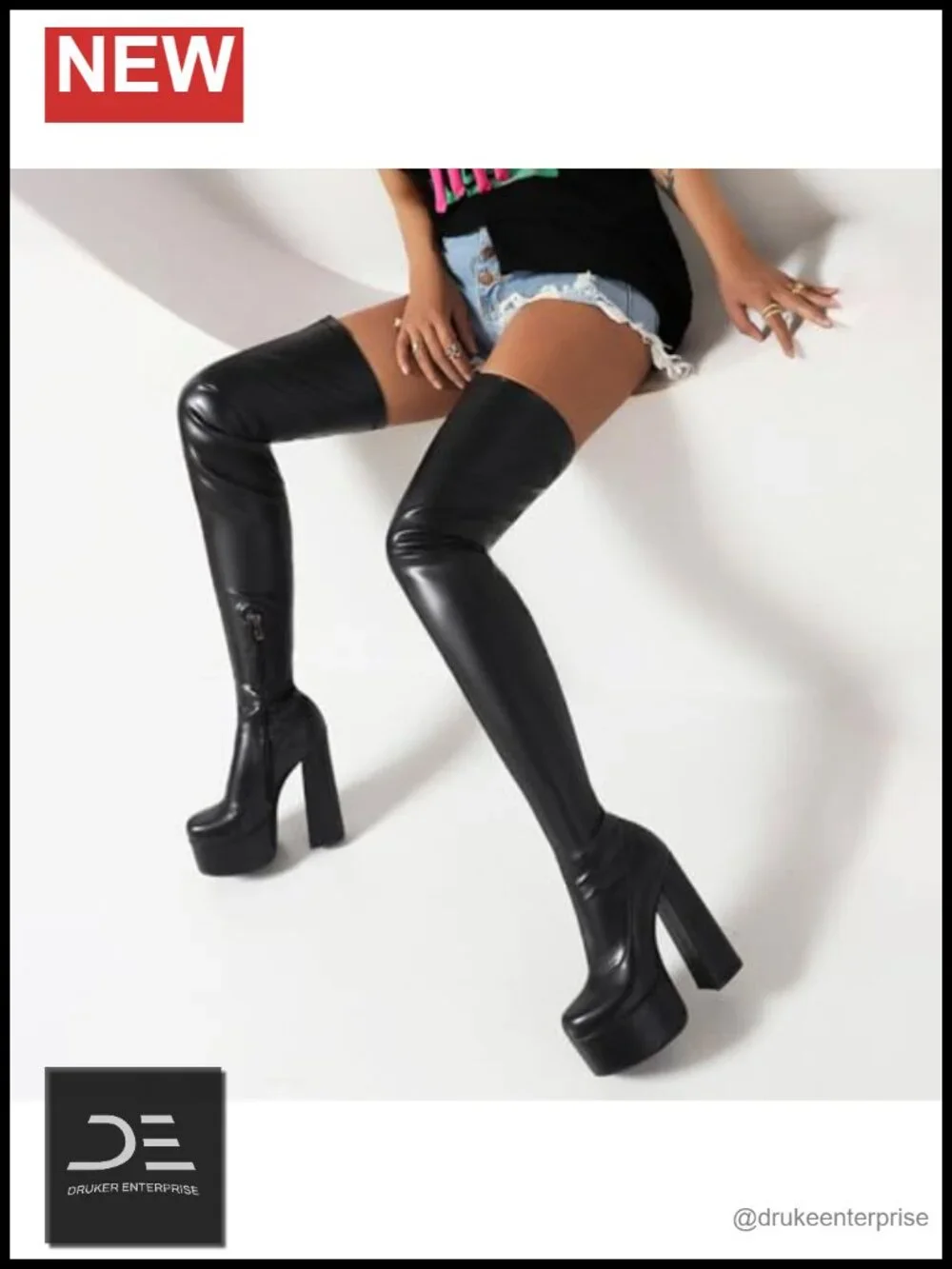 Over-the-Knee Boots Thigh High Block Heel 14cm Platform Round Toe Zip Closure